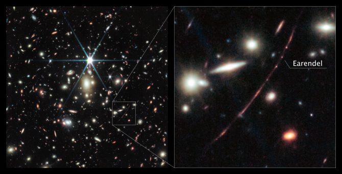 Immagine JWST in campo profondo con inserto che mostra Earendel, la stella più lontana mai trovata.