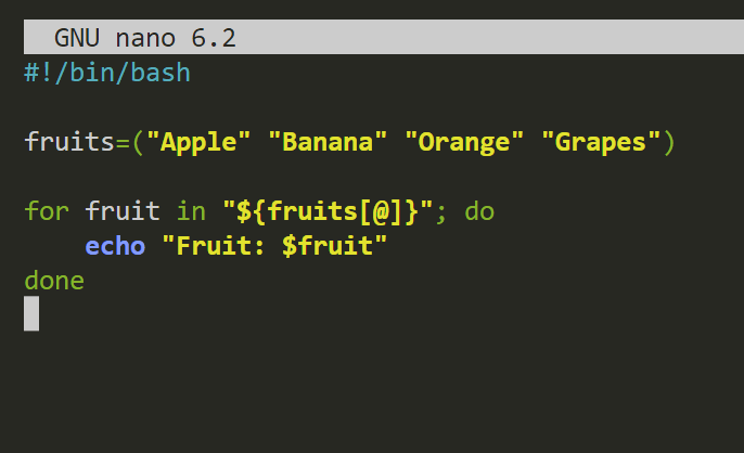 script bash per stampare i nomi dei frutti in un array con il ciclo for