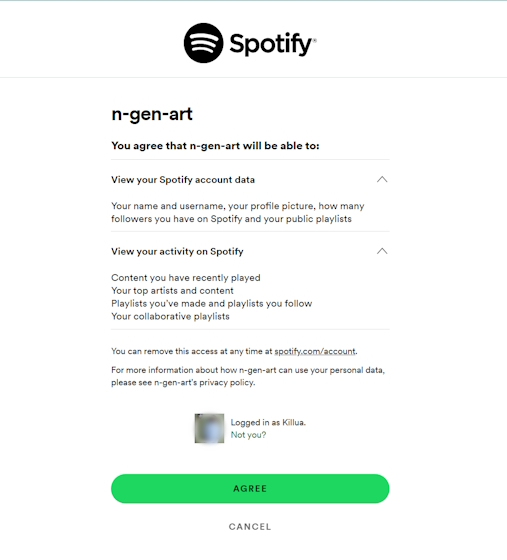 La pagina web di conferma di Spotify 