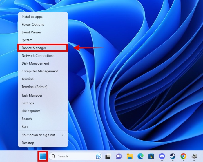Apertura di Gestione dispositivi tramite il pulsante Start di Windows 11 Opzioni del menu di scelta rapida