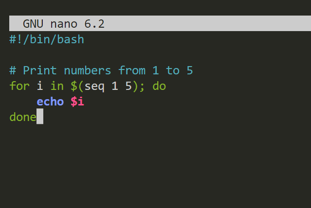 utilizzando uno script bash per stampare tutti i numeri interi da 1 a 5