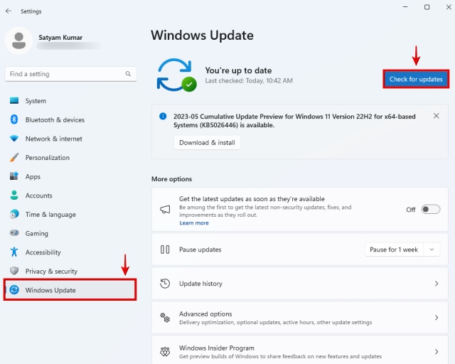 Controllo degli aggiornamenti utilizzando Windows Update in Windows 11