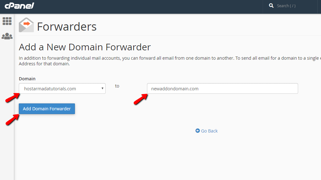 Configura il nuovo forwarder di dominio nel cPanel
