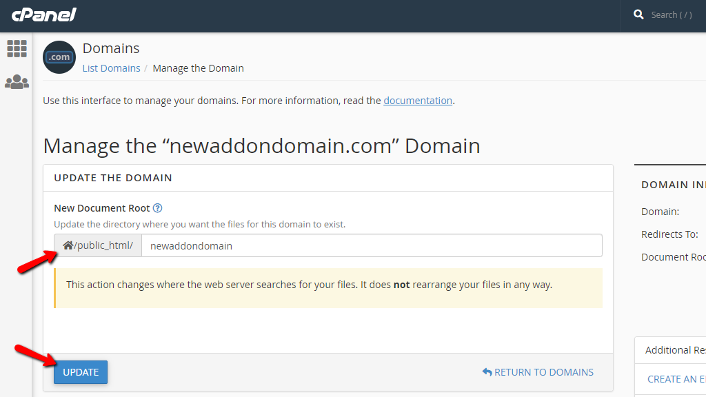 Change the document root of a domain name