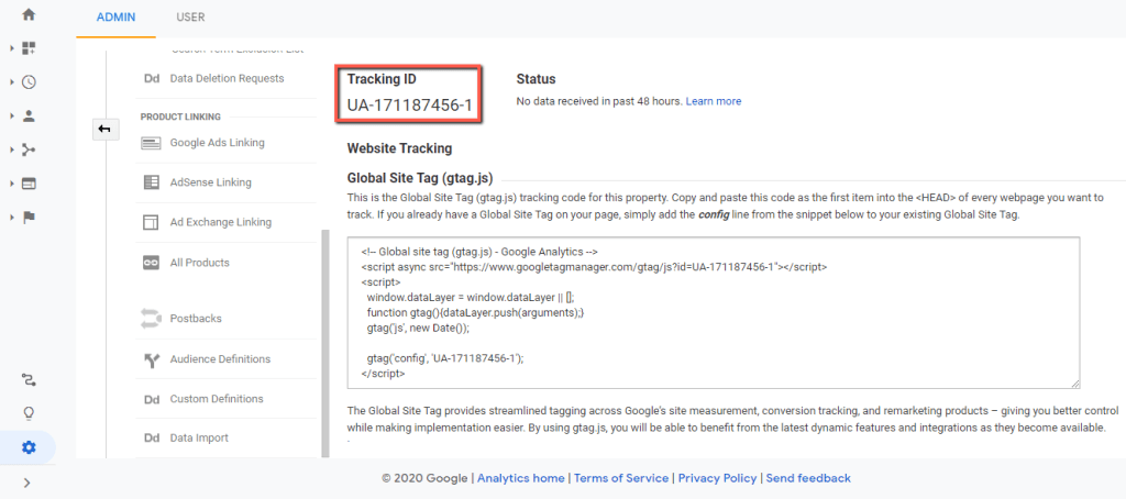 ID di monitoraggio di Google Analytics