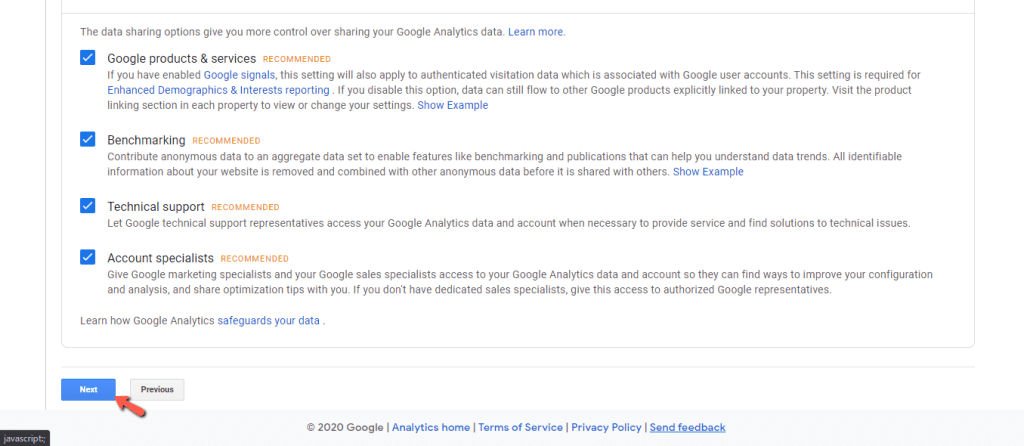 Impostazioni di condivisione dei dati di Google Analytics