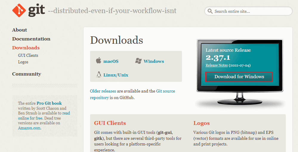 Apri il sito ufficiale dei Git Downloads e clicca su Download