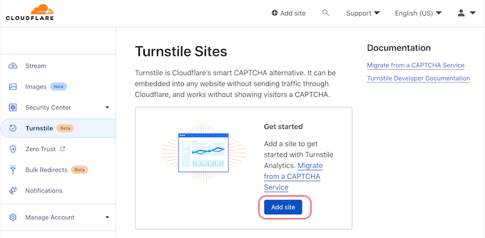 Aggiunta di siti all'opzione Turnstile nell'account Cloudflare