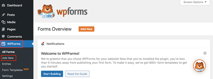 Creazione di nuovi WPForms nel sito WordPress