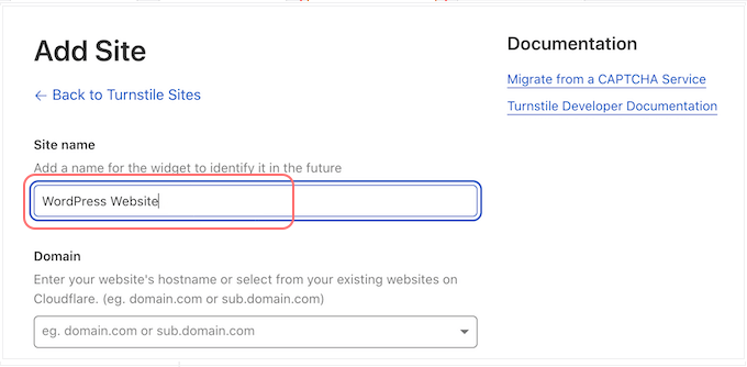 Immissione del nome di dominio del sito web nel campo Dominio dell'opzione Turnstile nell'account Cloudflare