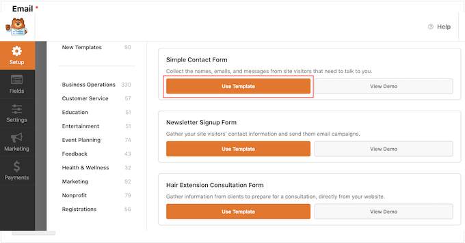 Opzioni modello di WPForms