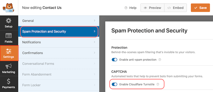 Opzione di protezione antispam e sicurezza in WPForms