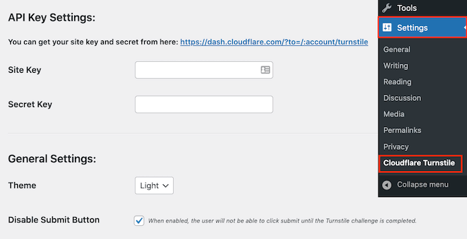 Impostazioni del tornello Cloudflare nel sito WordPress